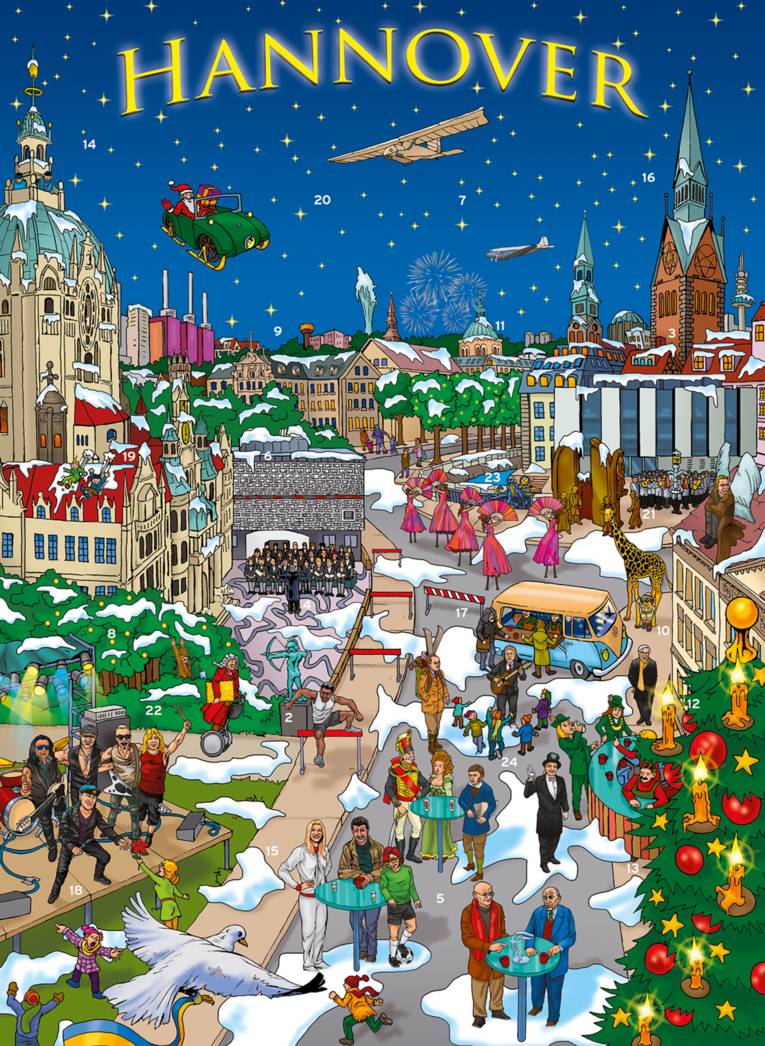 Weihnachtskalender mit gezeichneten Hannover-Sehenswürdigkeiten und -Prominenten.