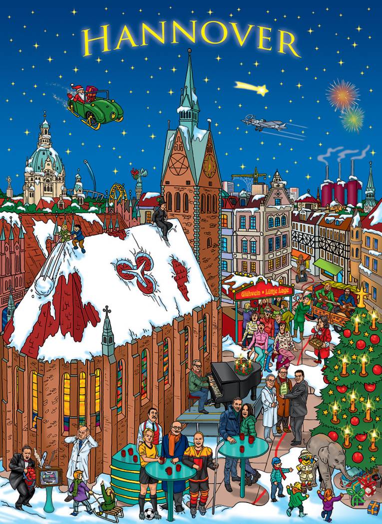 Zeichnung der verschneiten hannoverschen Altstadt mit diversen Prominenten