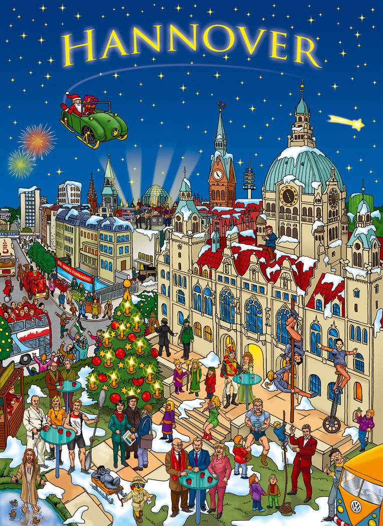 Das Motiv des Adventskalenders zeigt eine große Weihnachtsshow im Maschpark.